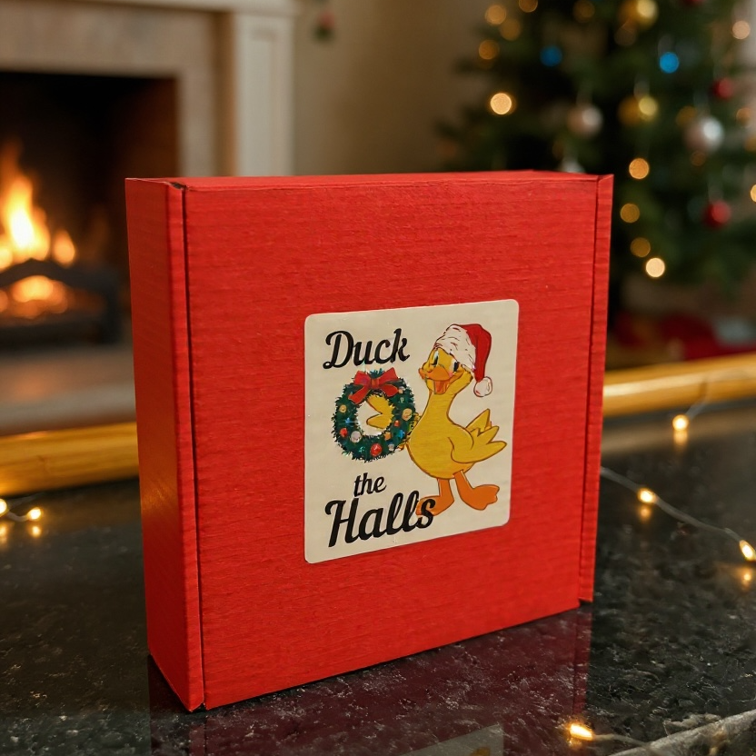Red box with a Christmas-themed label featuring a duck in a Santa hat, placed on a reflective surface with a fireplace and decorated tree in the background.