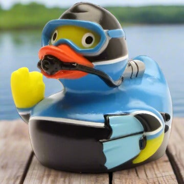 A rubber duck designed like a diver, with blue and black body, yellow beak and webbed feet, and black scuba mask and fins.