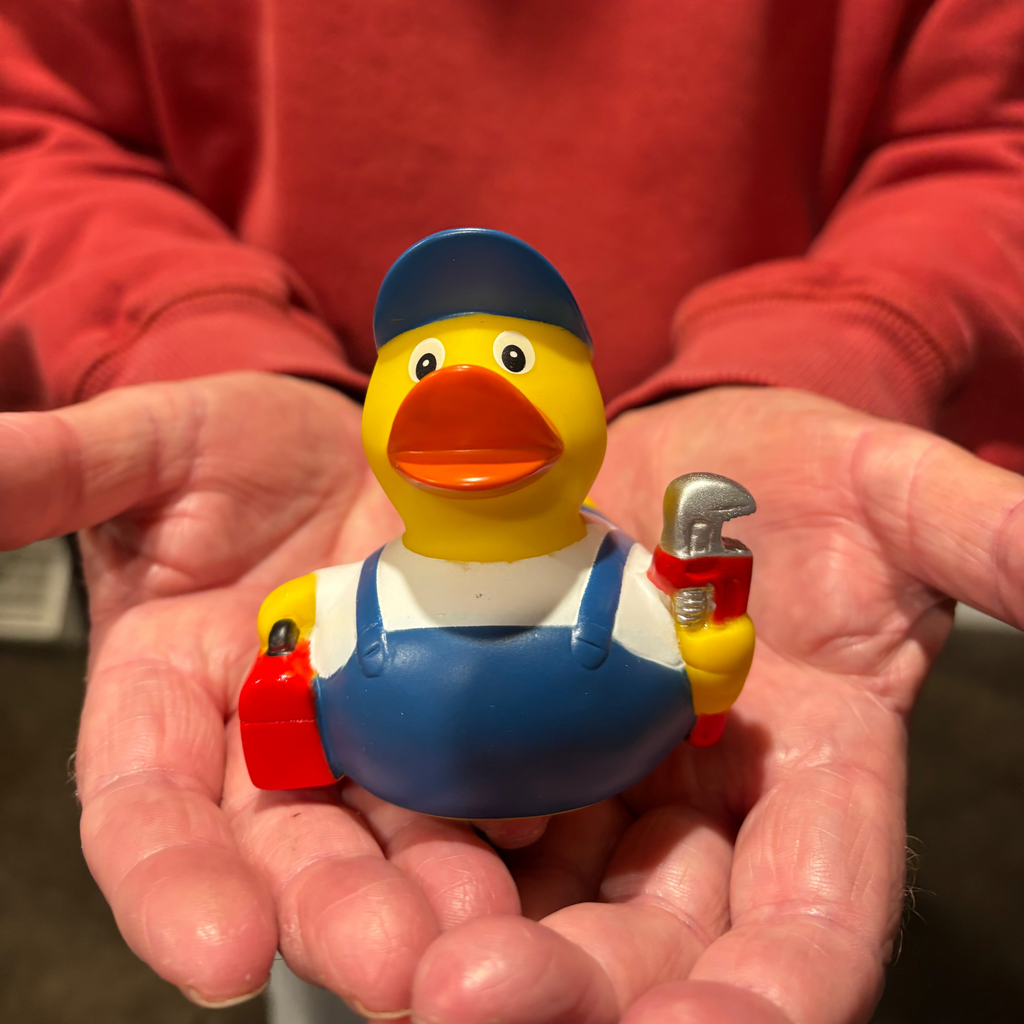 Toy duck in overalls and cap held in hands with a red shirt background
