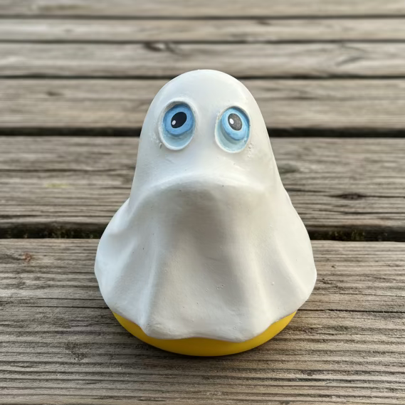 Small ghost figurine with googly eyes on a dark surface